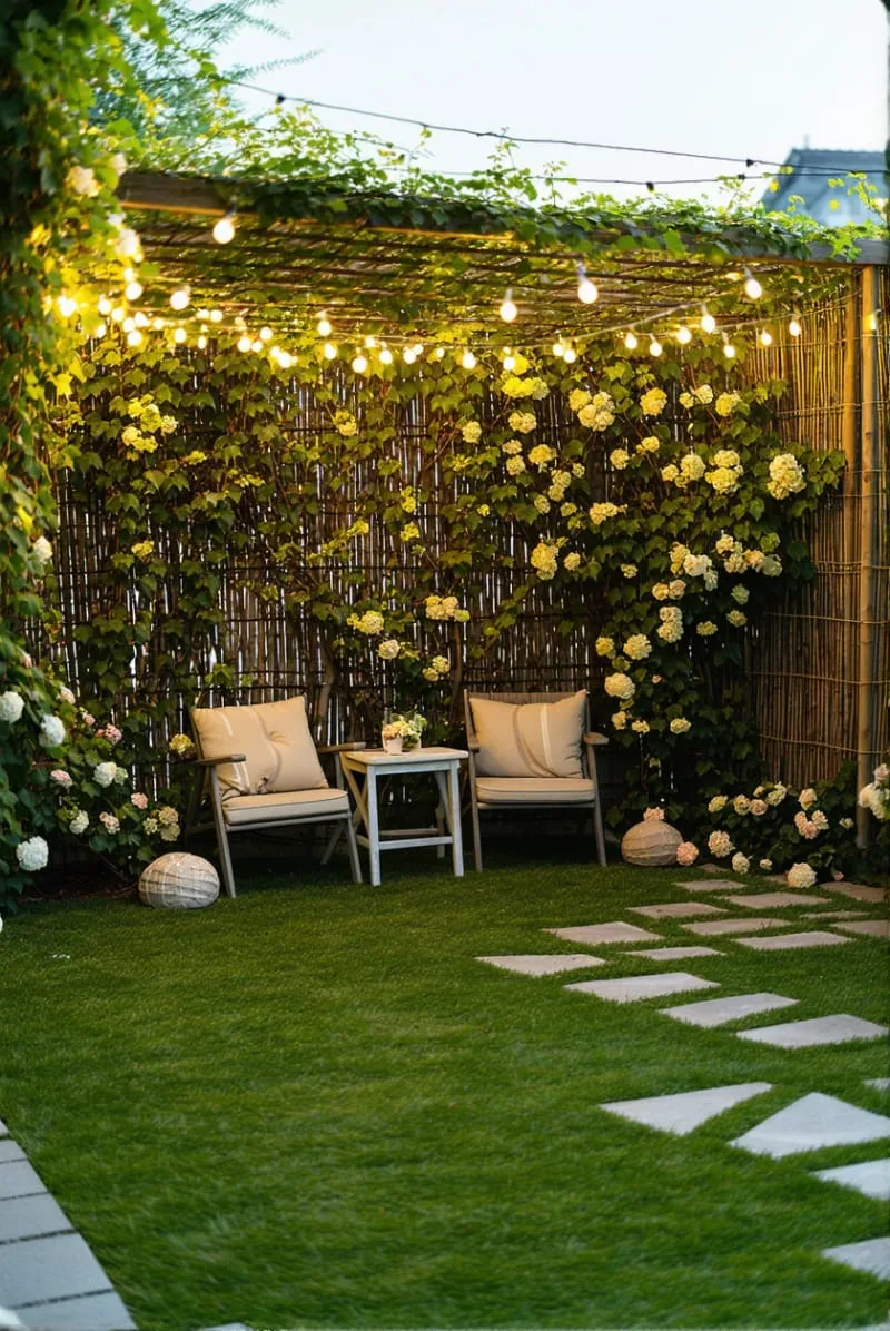 27 Unique Backyard Privacy Designs for A Serene Outdoor Oasis 23 trellis fence covered in honeysuckle and fairy lights 1