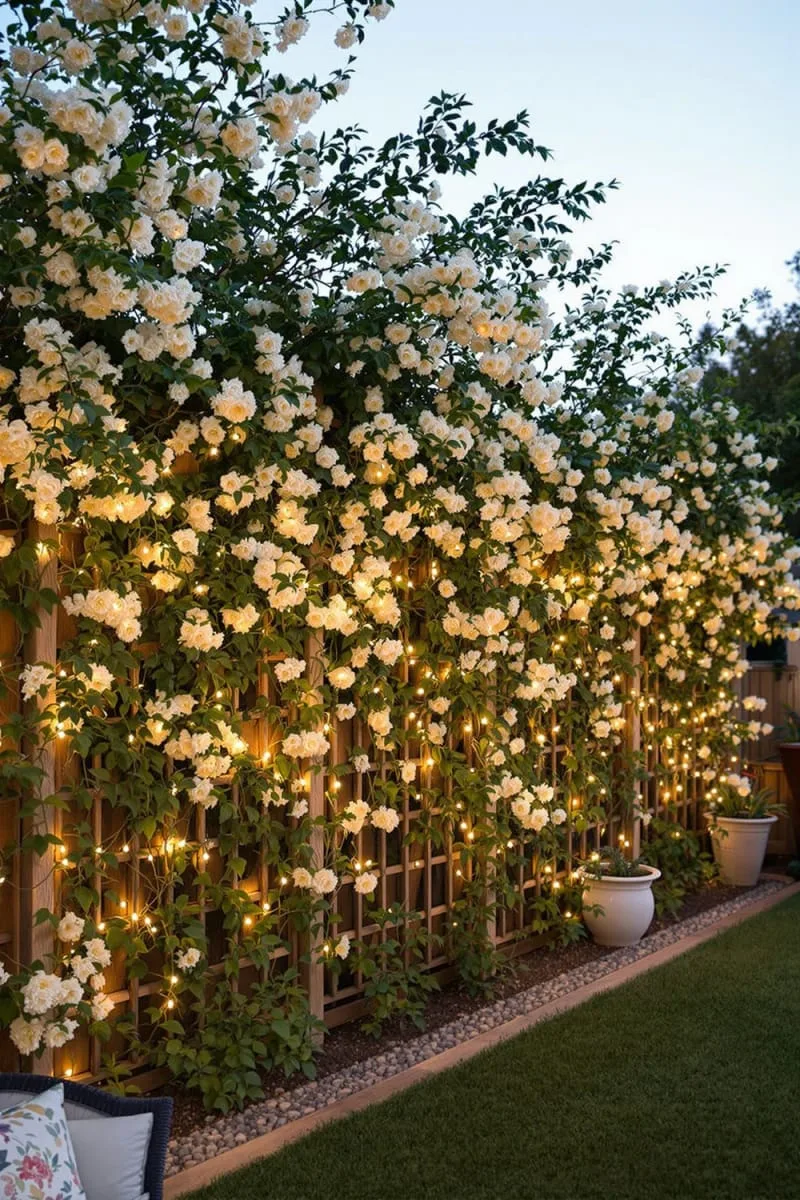 27 Unique Backyard Privacy Designs for A Serene Outdoor Oasis 24 trellis fence covered in honeysuckle and fairy lights 1