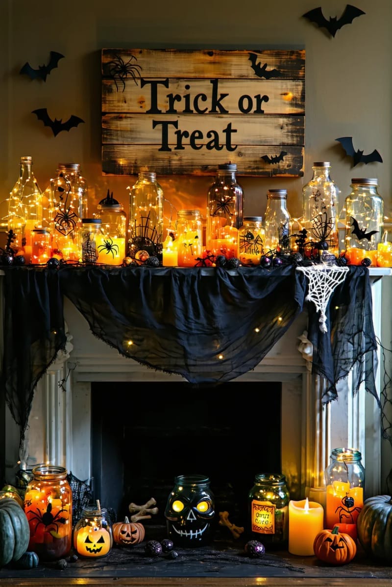 trick-or-treat sign with vintage apothecary jars and flickering led lights 1