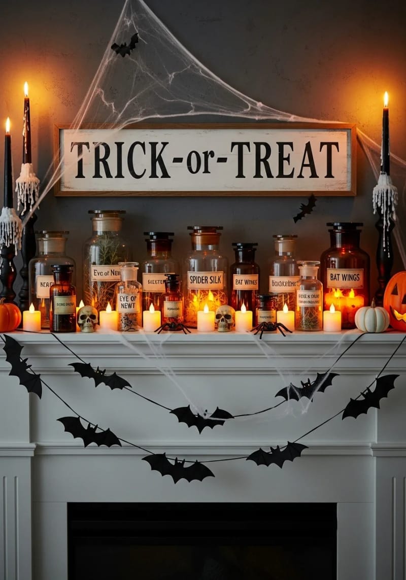 trick-or-treat sign with vintage apothecary jars and flickering led lights 1