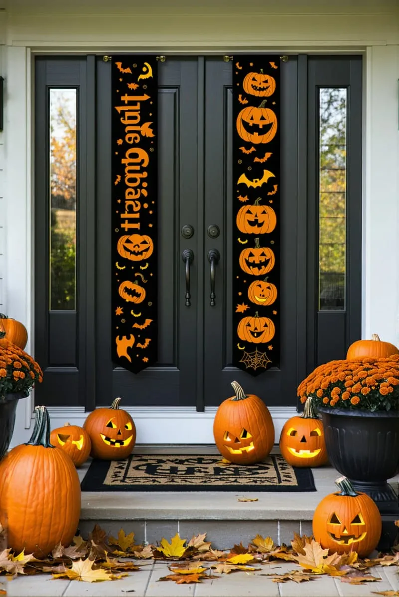21 Creative Halloween Door Decorations: Ideas for a Festive Welcome 60 trick-or-treat vertical banners with pumpkin planters on each side 1