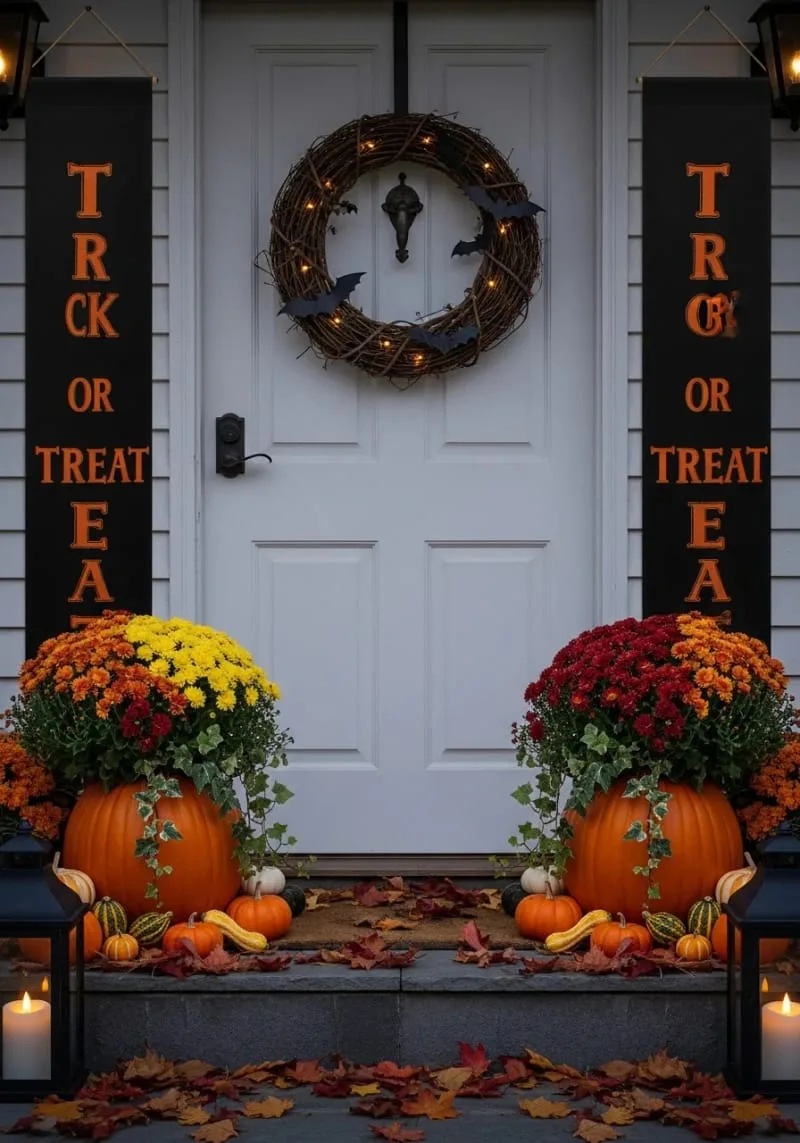 21 Creative Halloween Door Decorations: Ideas for a Festive Welcome 61 trick-or-treat vertical banners with pumpkin planters on each side 1