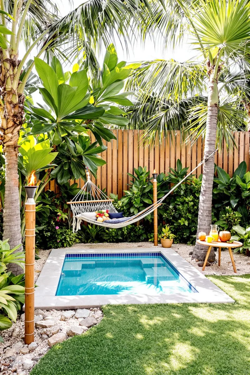 tropical backyard with mini pool, tiki torches, and hammock 1
