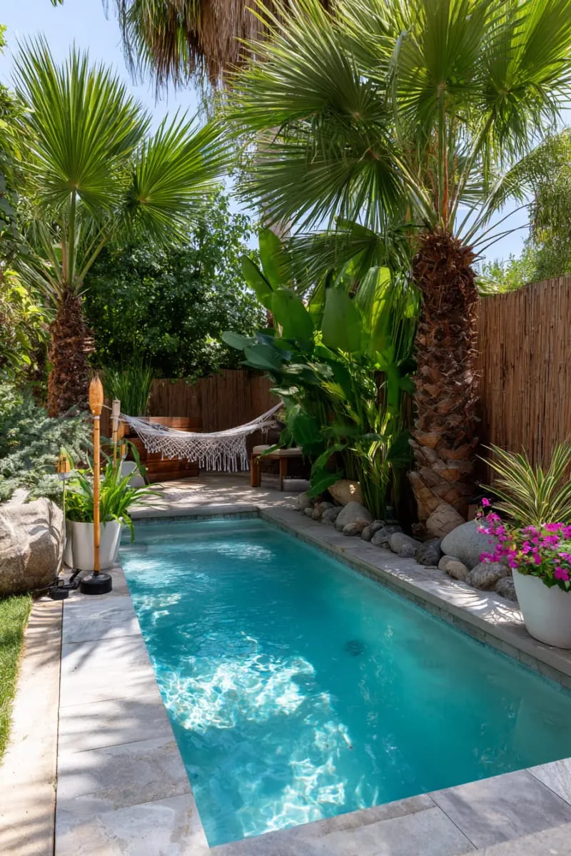 tropical backyard with mini pool, tiki torches, and hammock 1