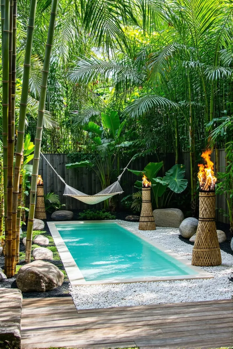 tropical backyard with mini pool, tiki torches, and hammock 1