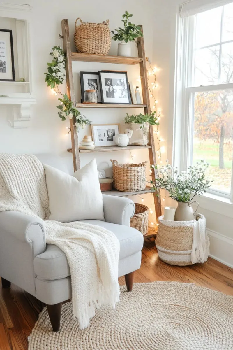 How to Decorate a Small Living Room on a Budget and In Style! 11 turn old ladders into a display rack 1