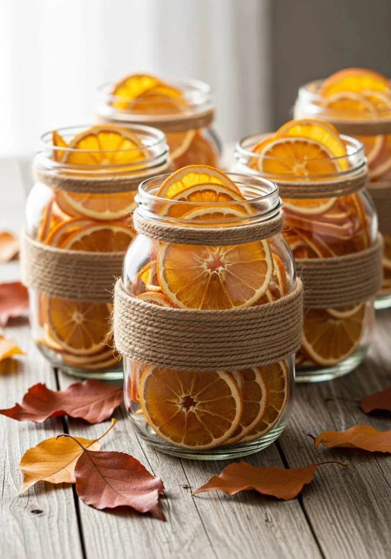 twine-wrapped mason jars filled with dried orange slices 1