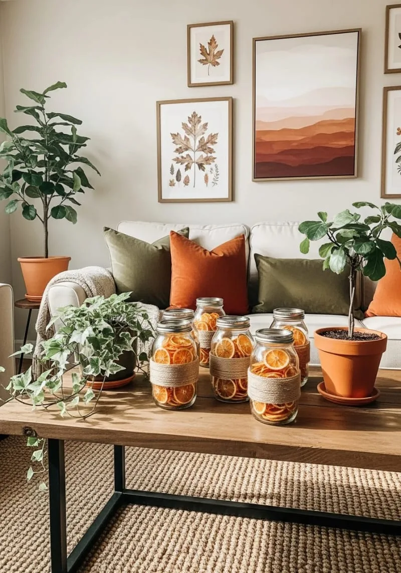 twine-wrapped mason jars filled with dried orange slices 1