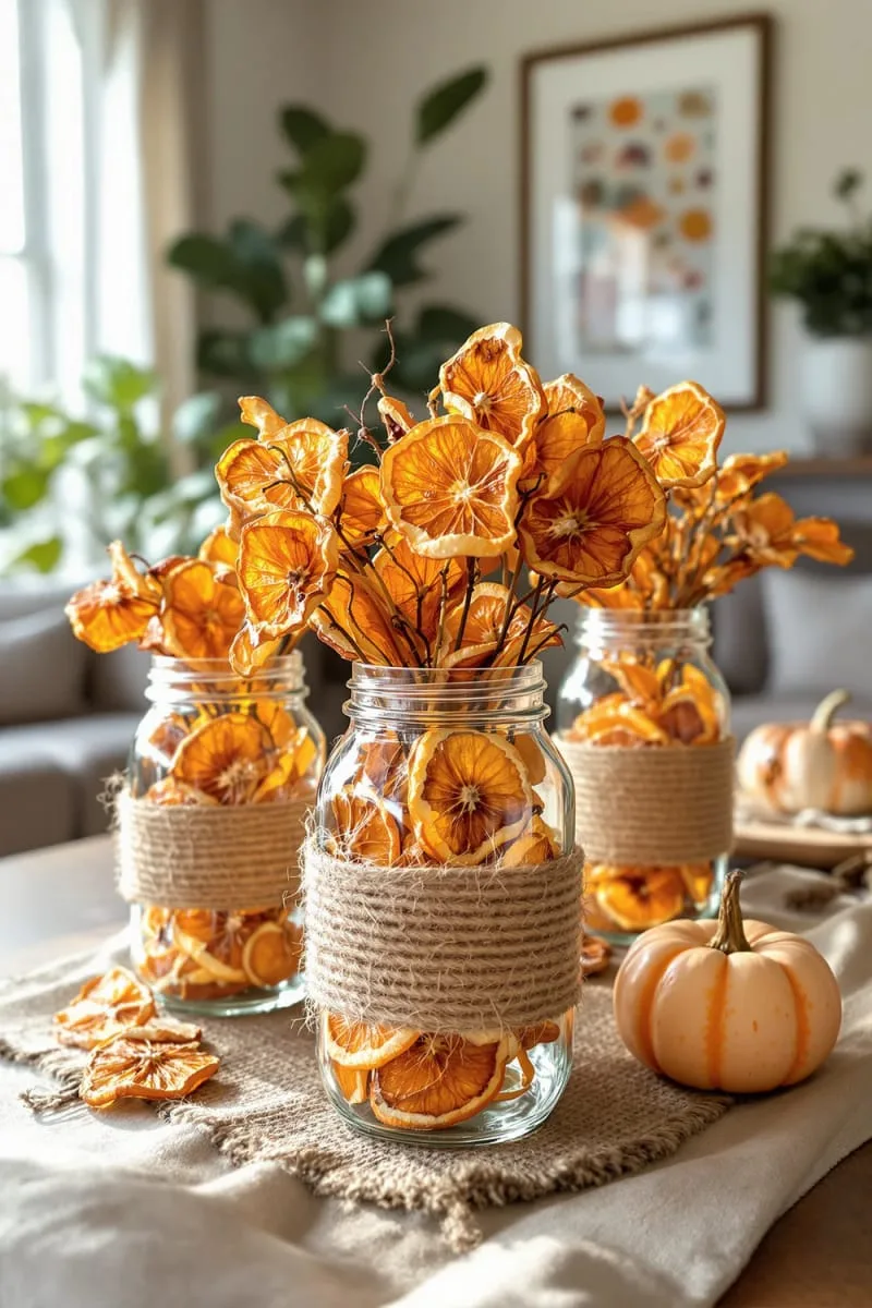twine-wrapped mason jars filled with dried orange slices 1
