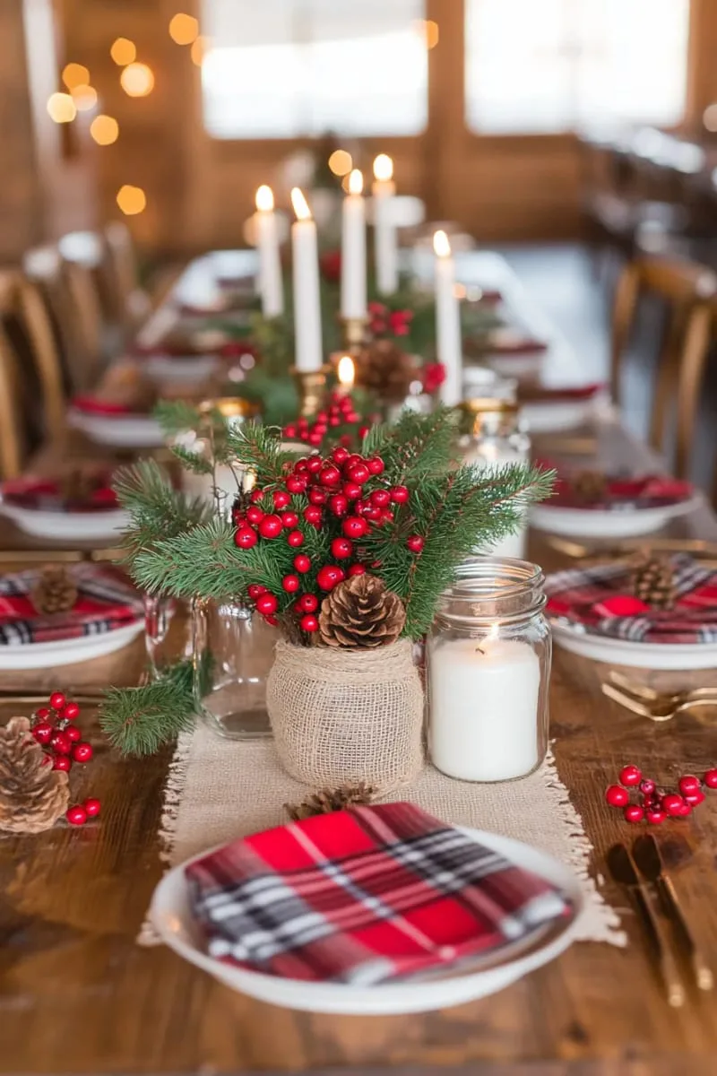 twine-wrapped mason jars with red berries and greenery for table accents 1