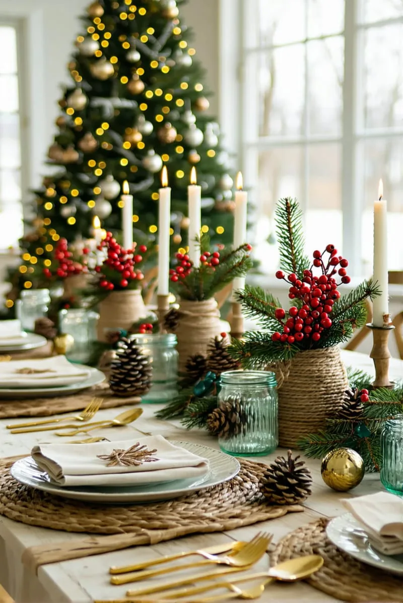 twine-wrapped mason jars with red berries and greenery for table accents 1