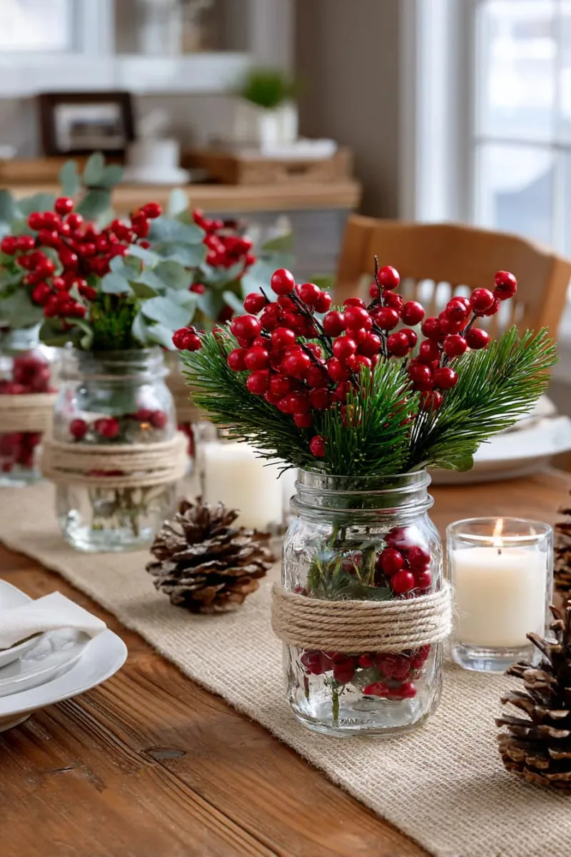 twine-wrapped mason jars with red berries and greenery for table accents 1