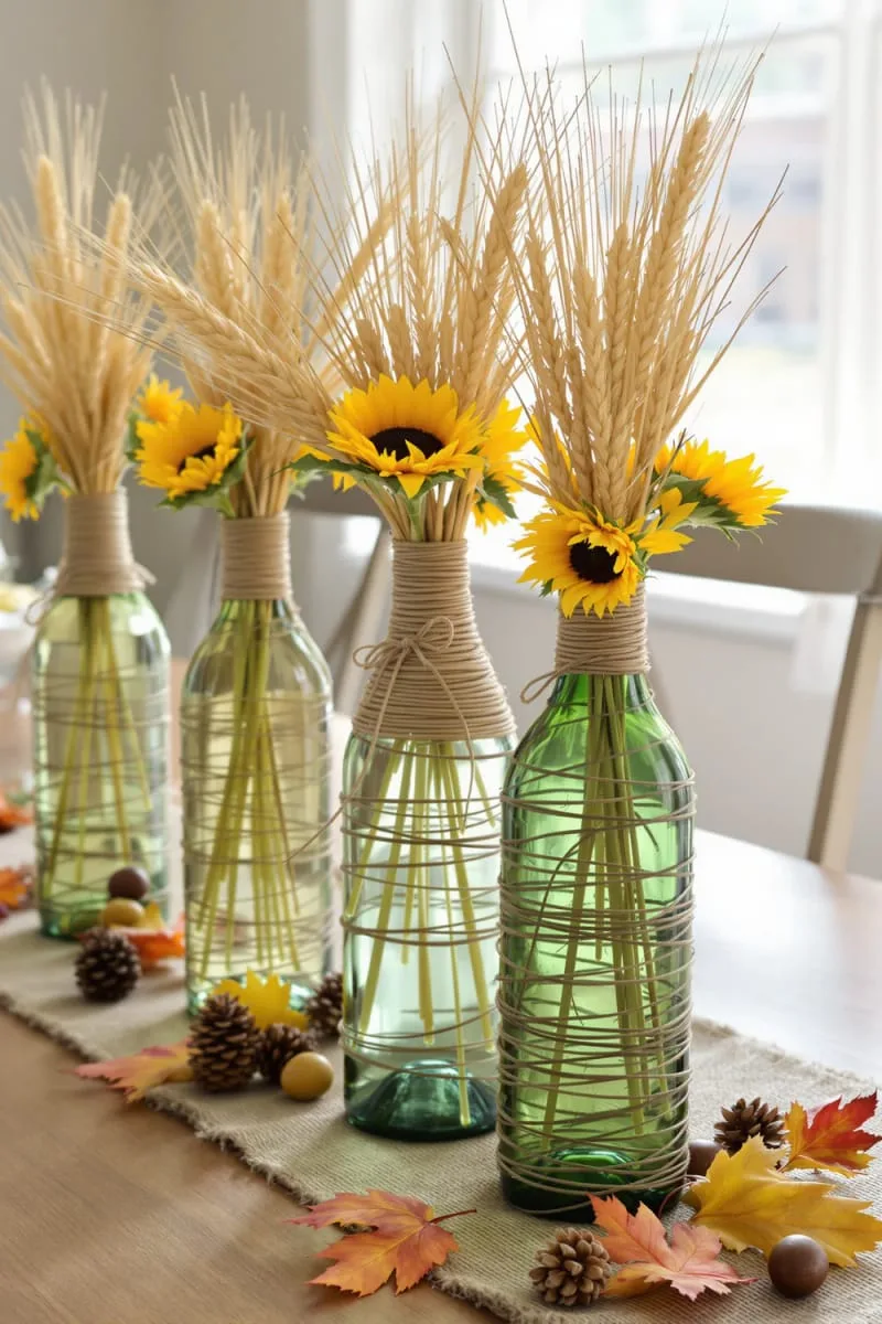 twine-wrapped wine bottle vases with wheat and faux sunflowers 1