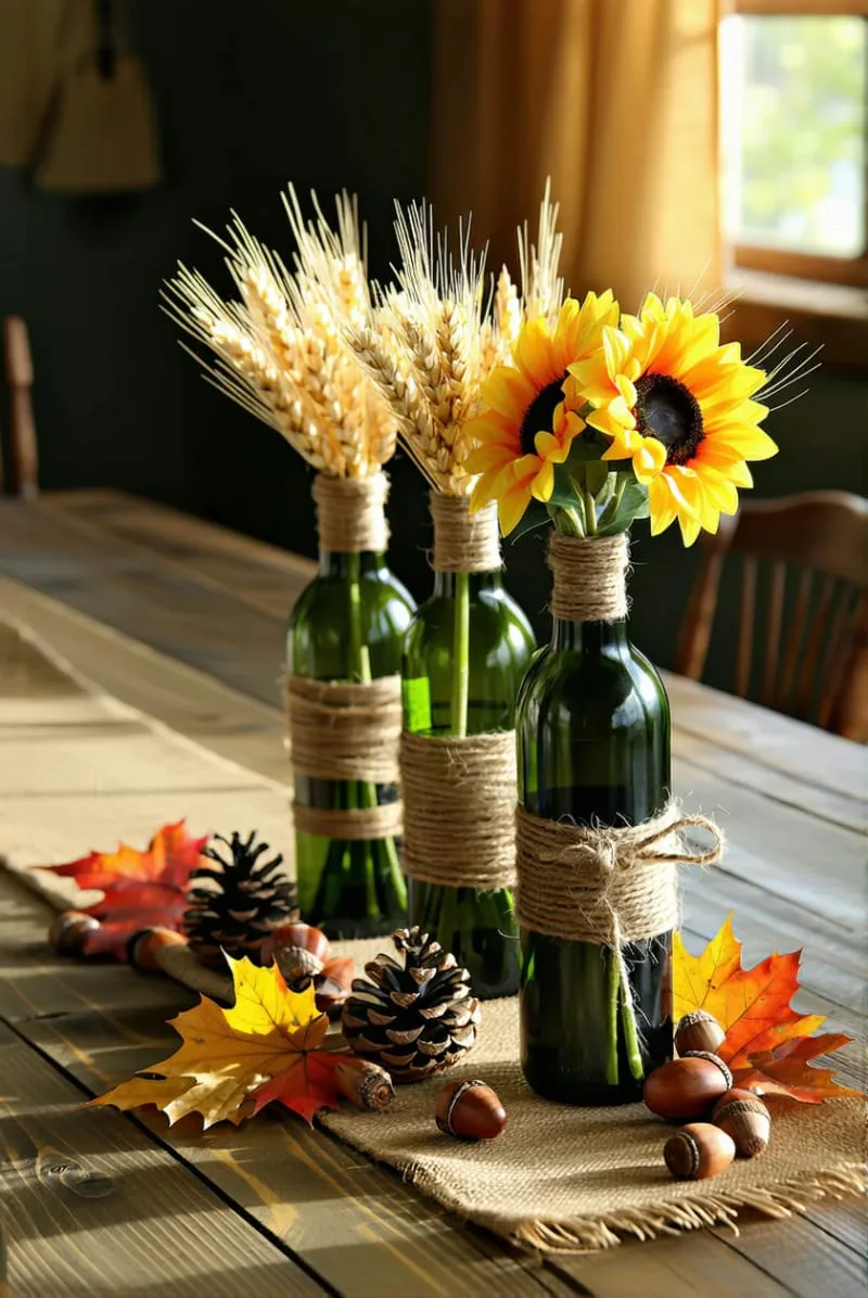 twine-wrapped wine bottle vases with wheat and faux sunflowers 1