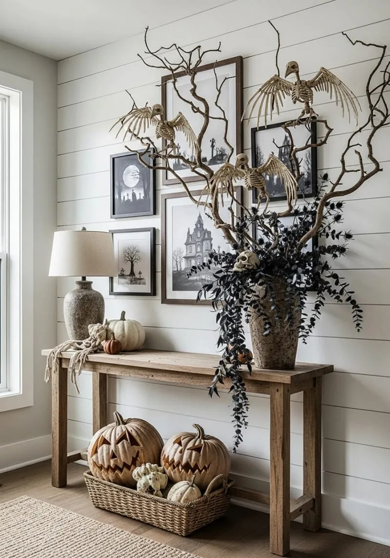 twisted, gnarled tree branches adorned with skeletal birds 1