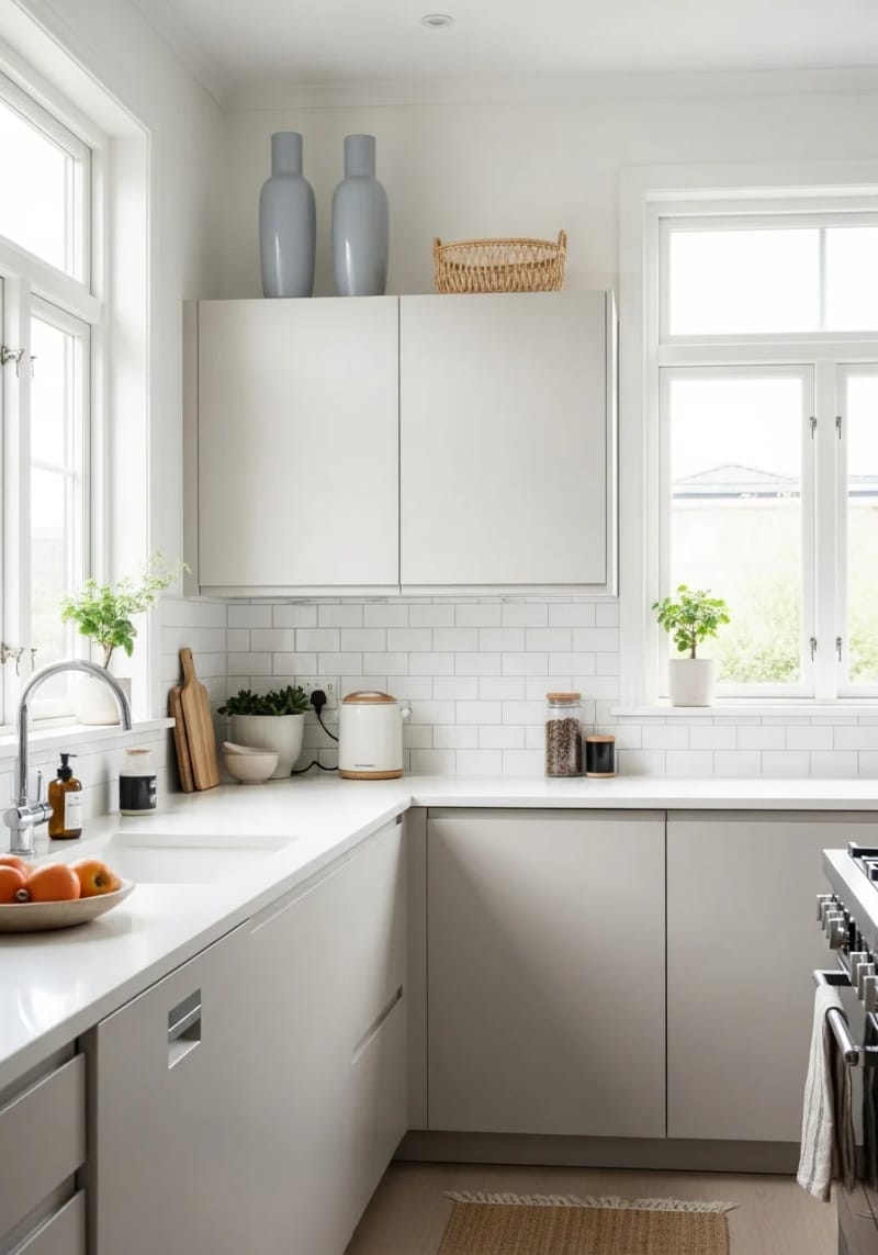 two tall vases and a small basket styled minimally for a small kitchen 1