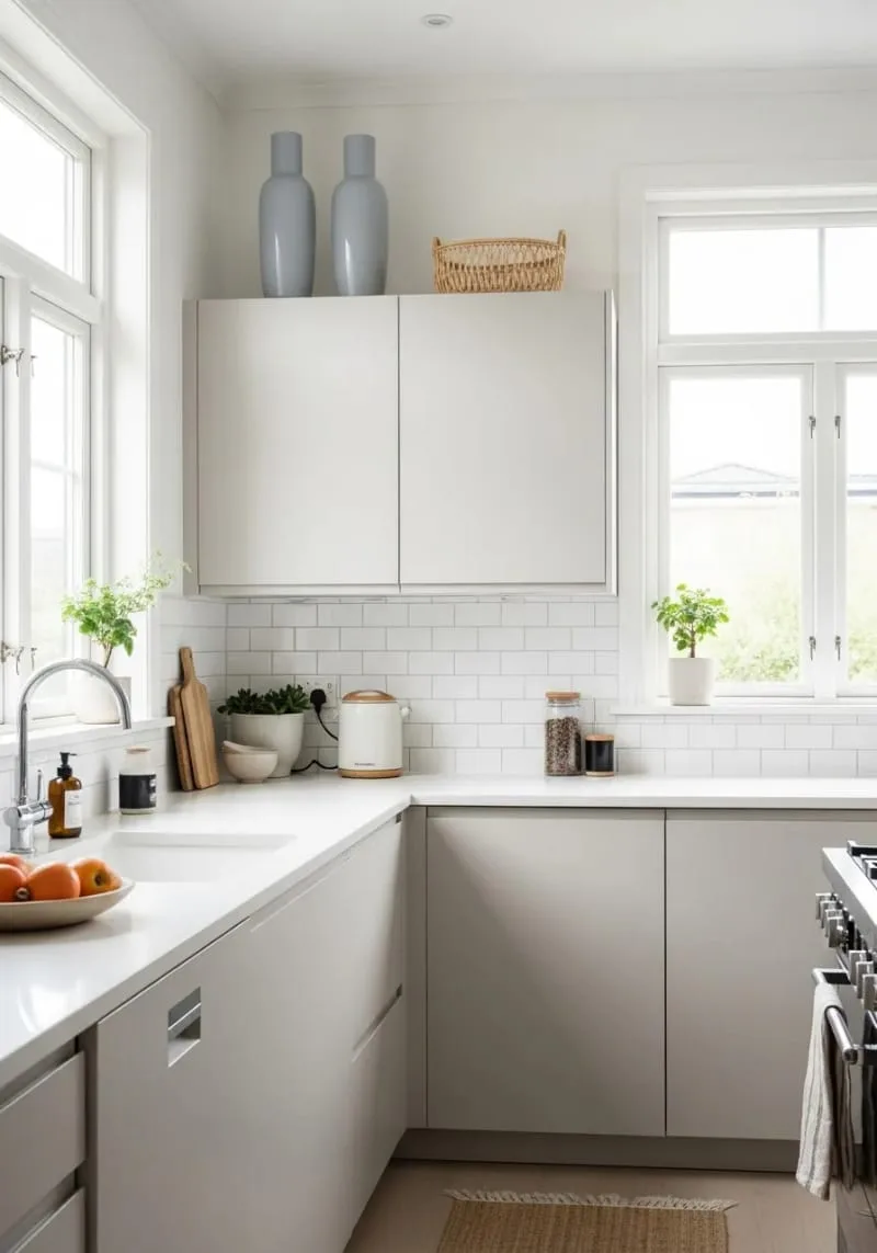 two tall vases and a small basket styled minimally for a small kitchen 1