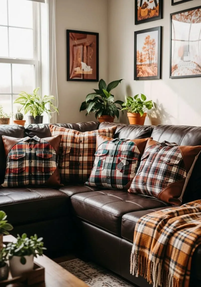 upcycled flannel shirt pillow covers with leather accents 1
