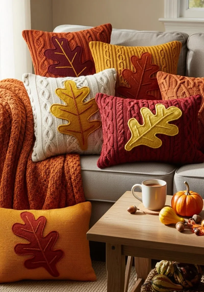 upcycled sweater pillow covers with hand-stitched oak leaf motifs 1