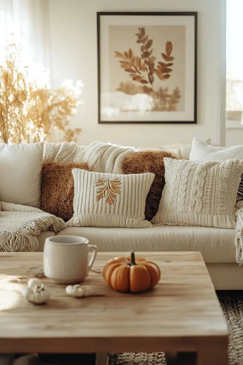 upcycled sweater pillow covers with hand-stitched oak leaf motifs 1