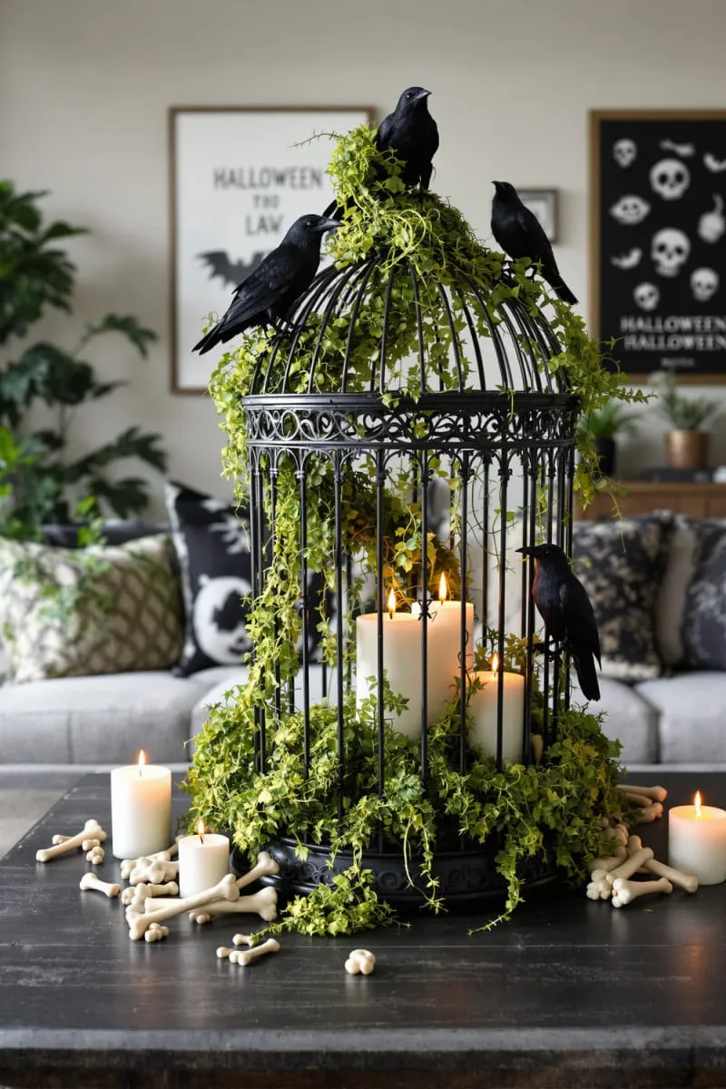 upscaled haunted birdcage centerpiece with ravens and moss 1