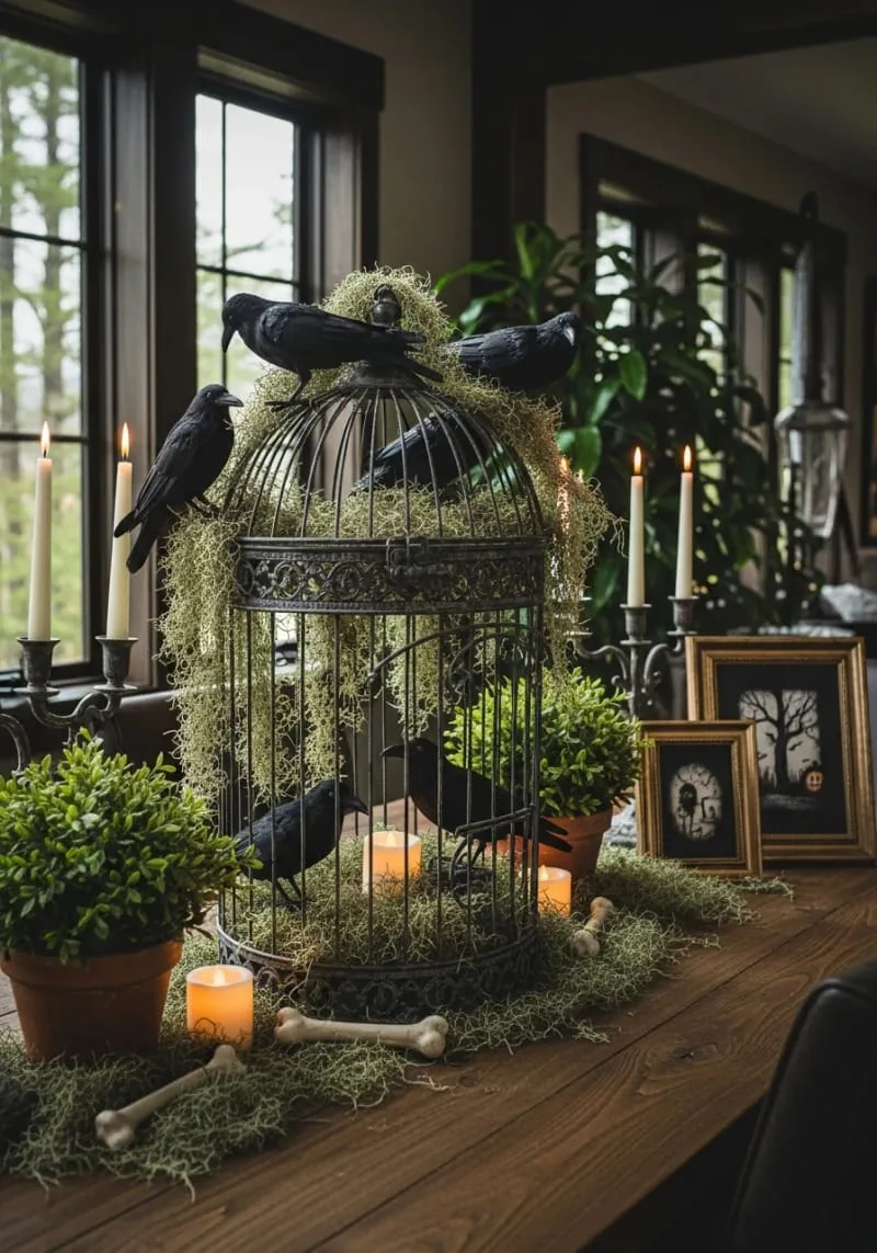 upscaled haunted birdcage centerpiece with ravens and moss 1