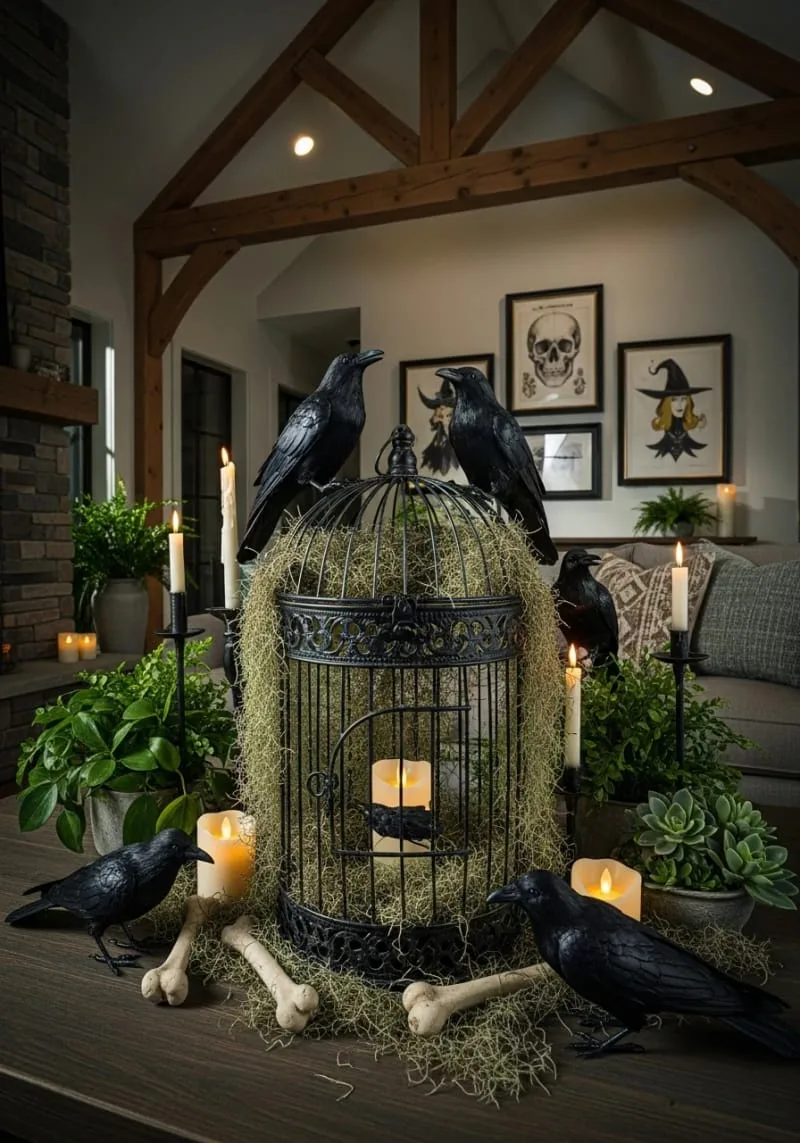 upscaled haunted birdcage centerpiece with ravens and moss 1