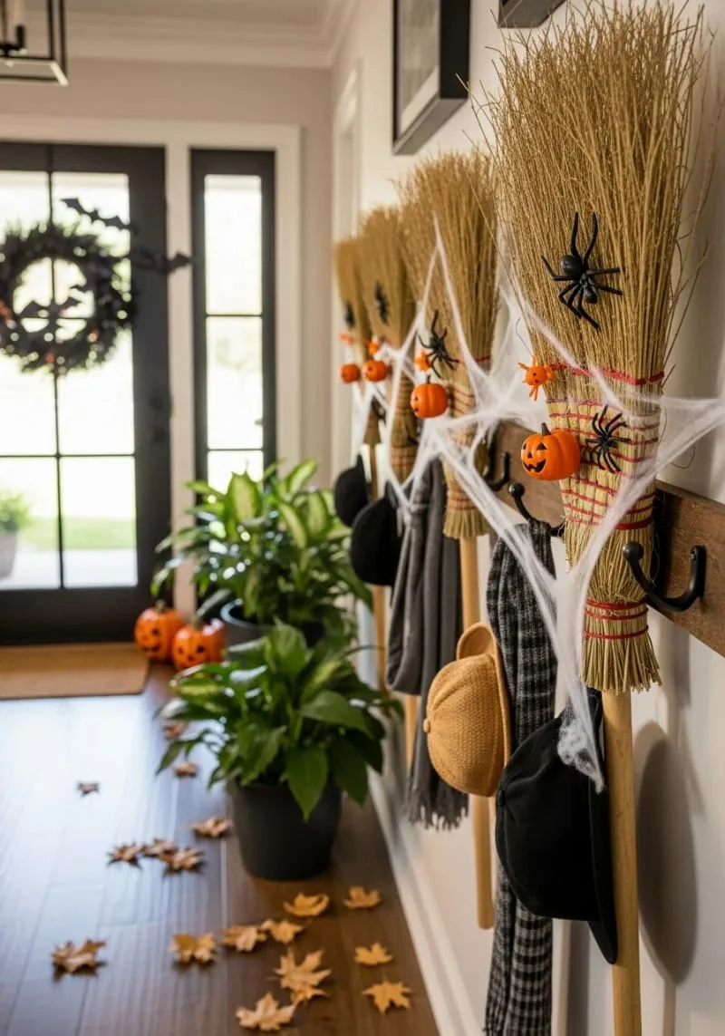 upside-down broomsticks as entryway coat racks 1