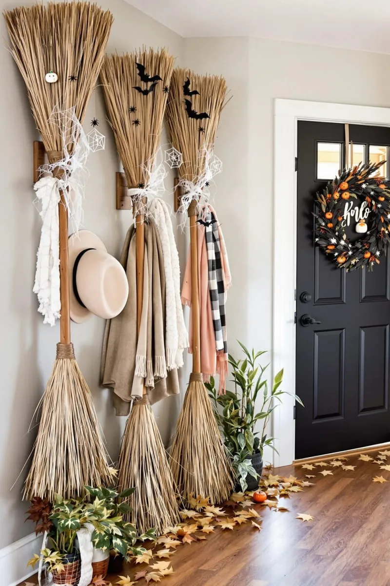 upside-down broomsticks as entryway coat racks 1