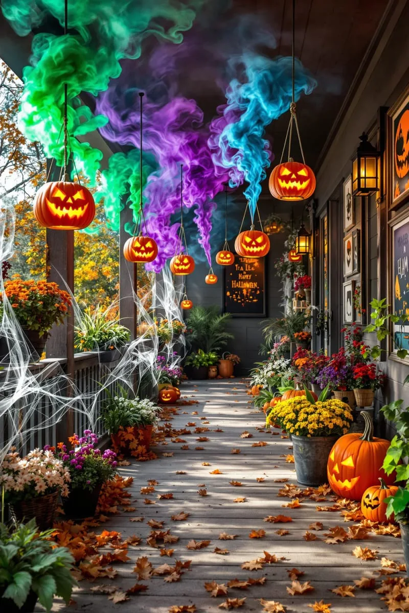 upside-down jack-o’-lanterns with eerie colored smoke 1