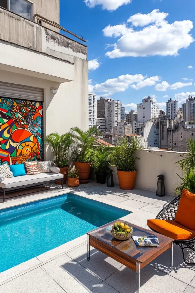 urban backyard pool with mural wall art and modern patio furniture 1