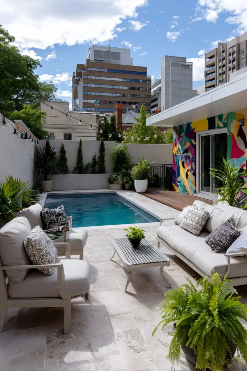 urban backyard pool with mural wall art and modern patio furniture 1