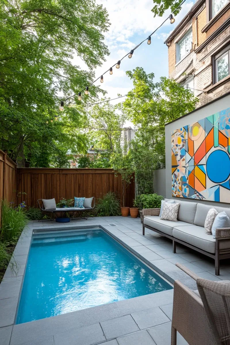 urban backyard pool with mural wall art and modern patio furniture 1