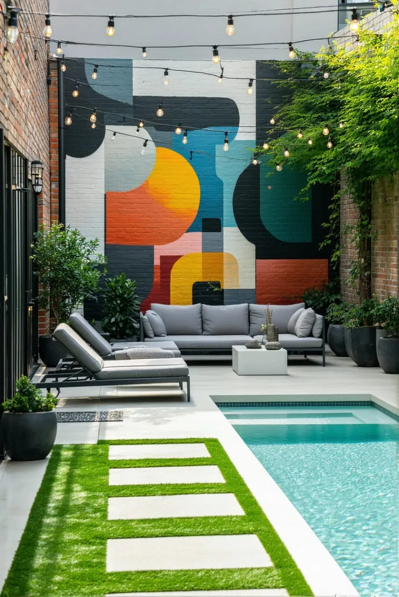 urban backyard pool with mural wall art and modern patio furniture 1