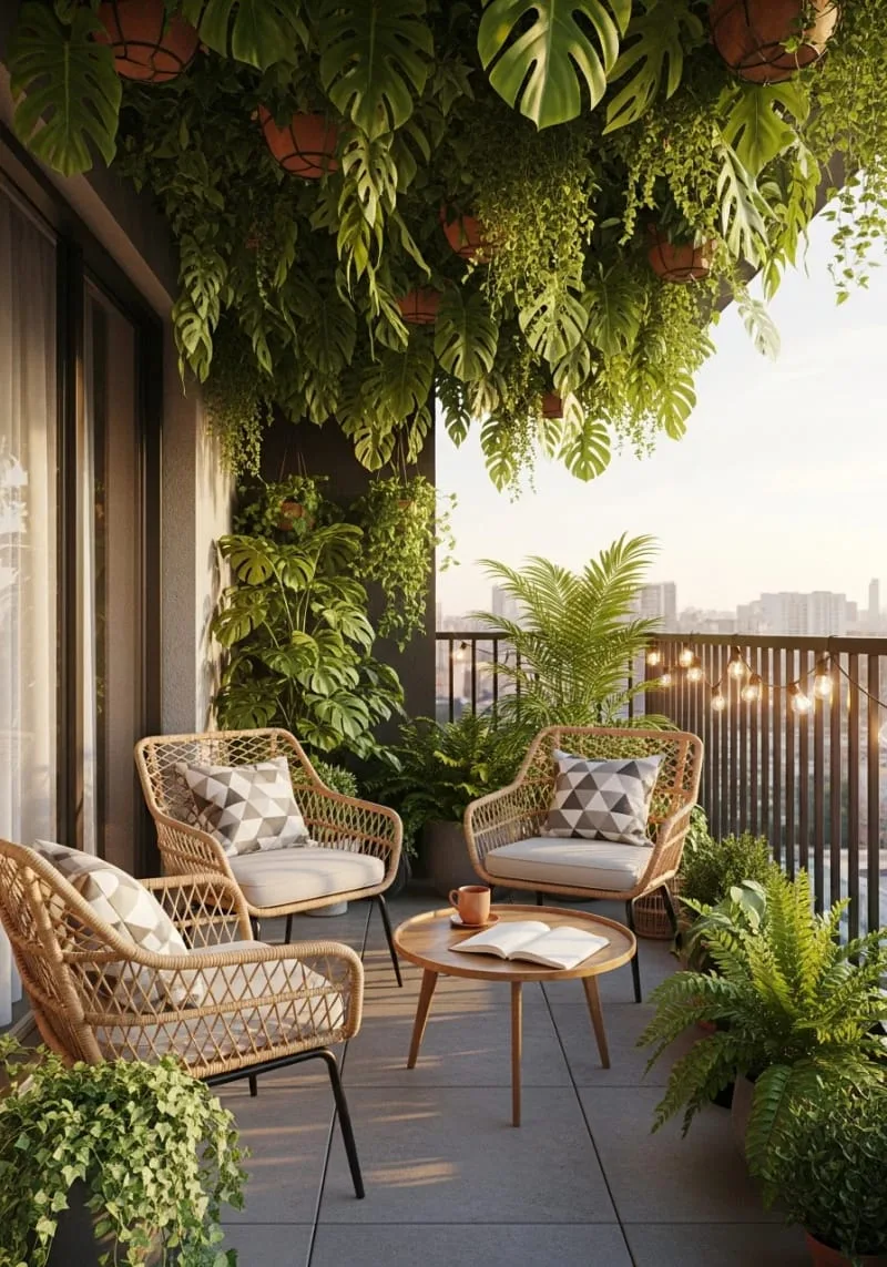 urban jungle balcony with monstera and philodendron overhead 1