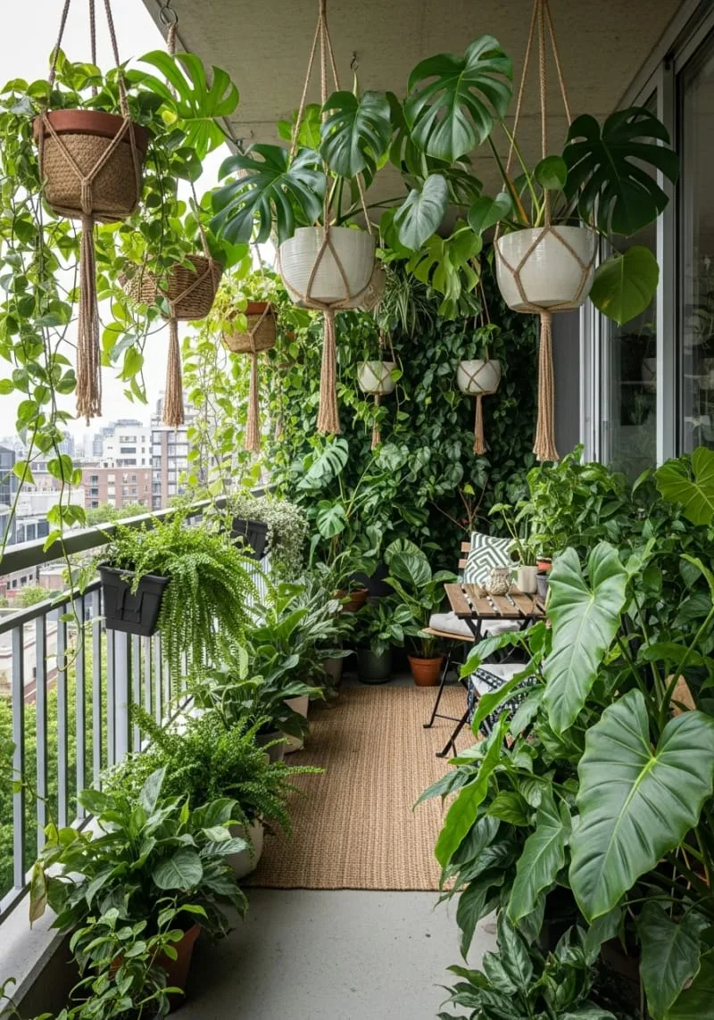 urban jungle balcony with monstera and philodendron overhead 1