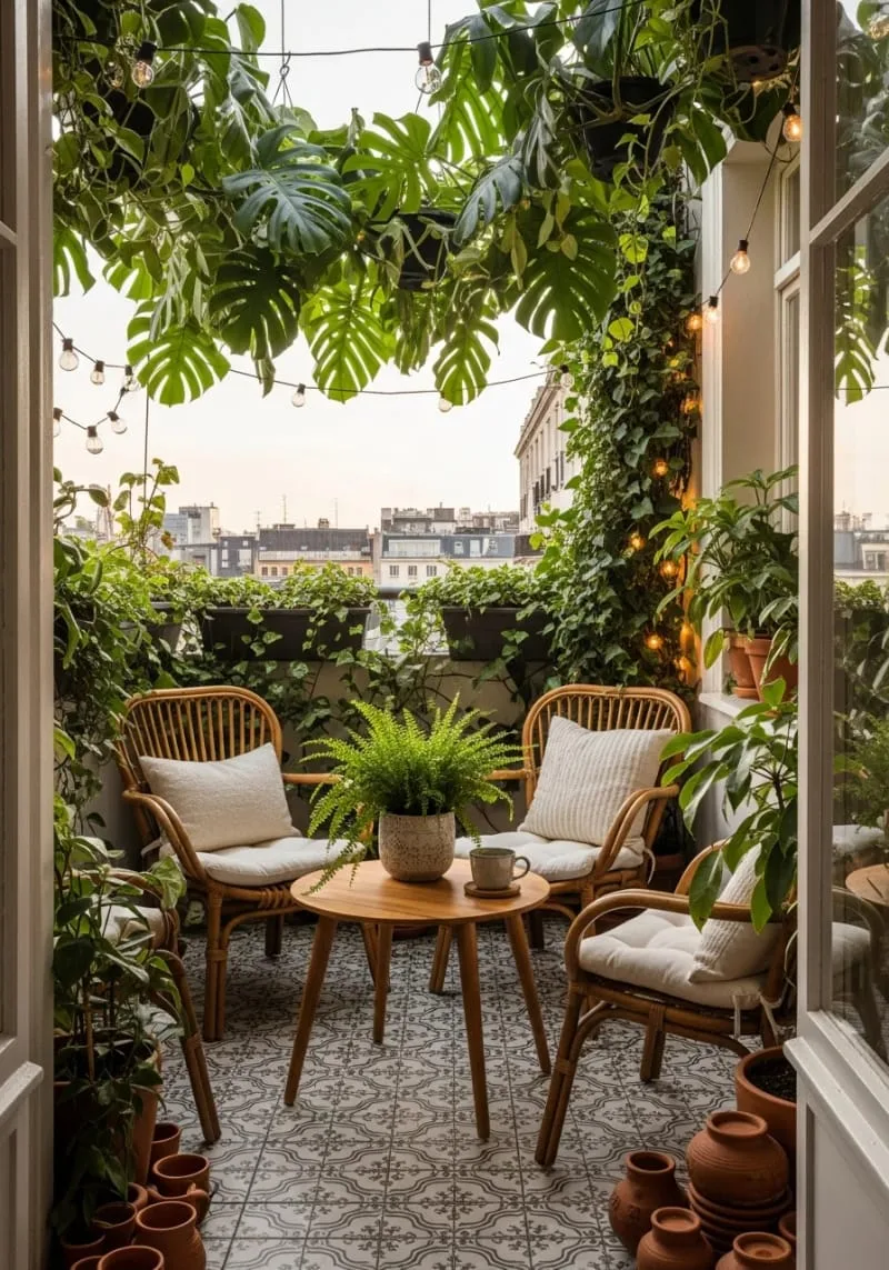 urban jungle balcony with monstera and philodendron overhead 1