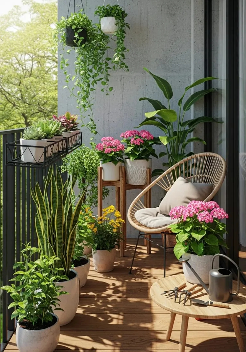 urban jungle feel with mixed-height balcony flower pots 1