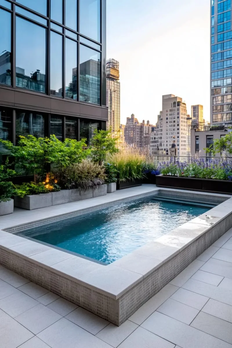 urban plunge pool with glass safety walls and rooftop garden views 1