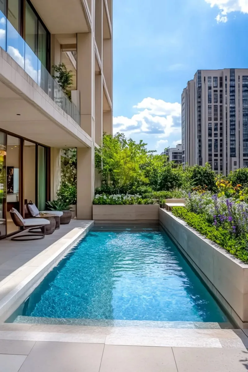 urban plunge pool with glass safety walls and rooftop garden views 1