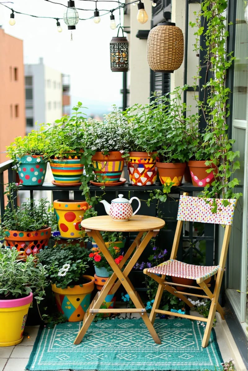 use colorfully painted pots for a whimsical small balcony garden display 1