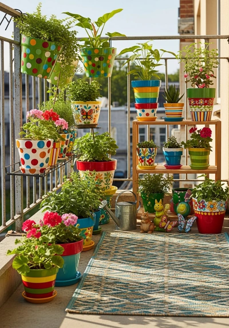 use colorfully painted pots for a whimsical small balcony garden display 1