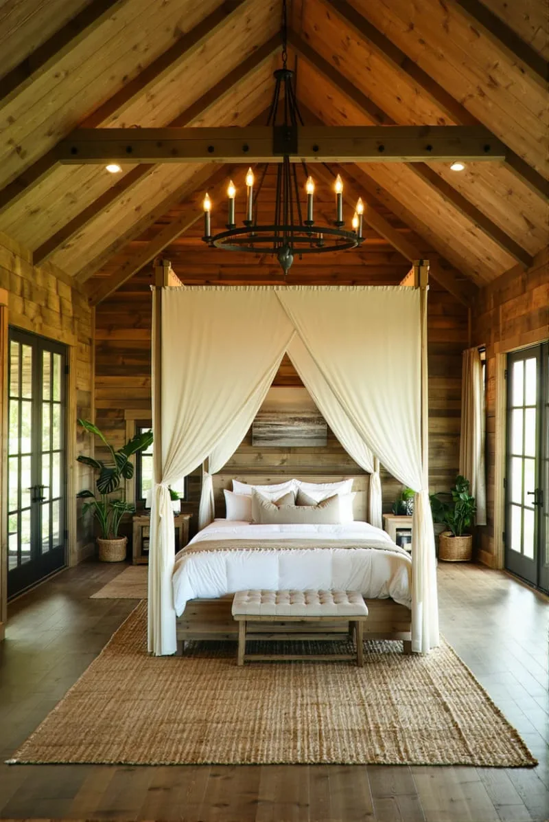 29 Unique Barndominium Interiors For Your Next Makeover 80 vaulted ceiling bedroom with canopy bed and rustic chandelier 1