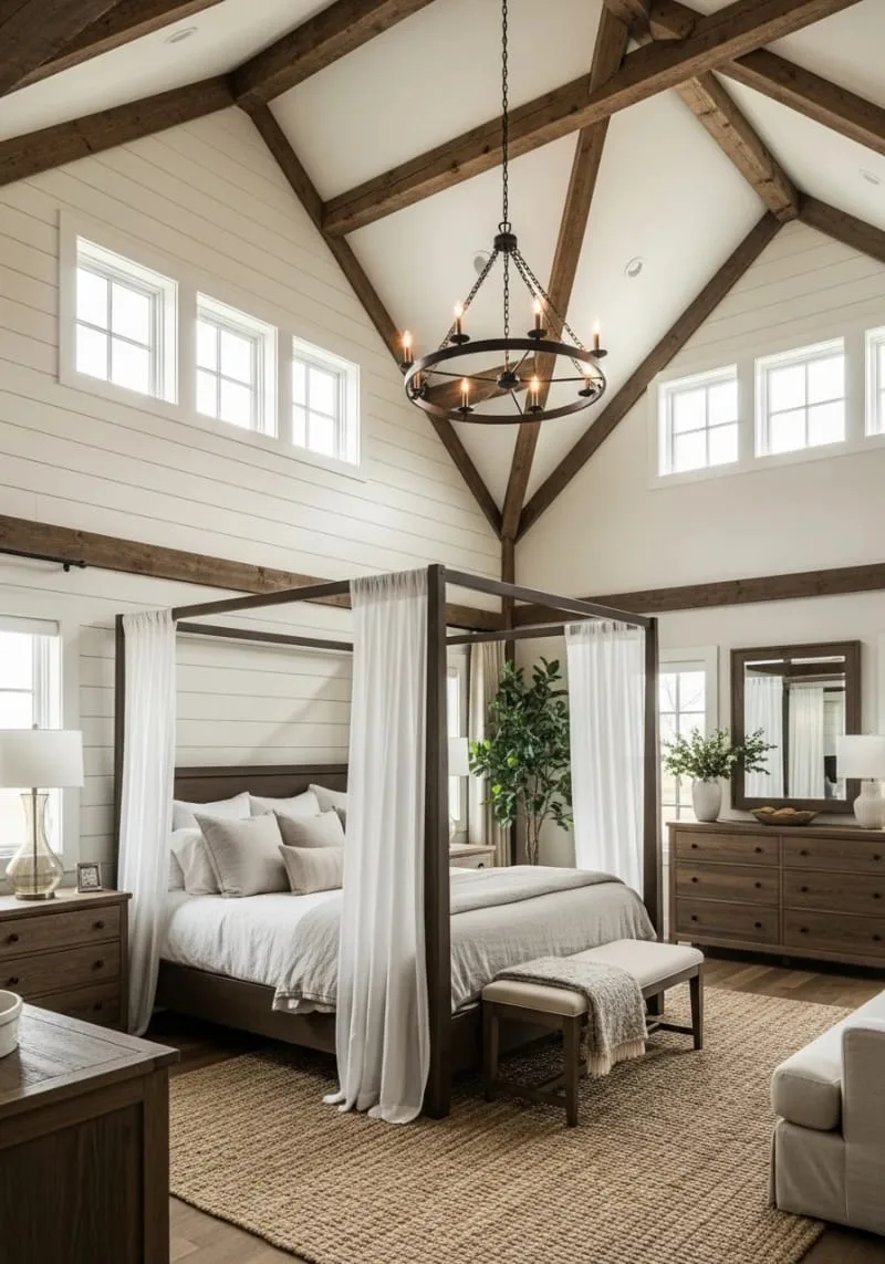 29 Unique Barndominium Interiors For Your Next Makeover 81 vaulted ceiling bedroom with canopy bed and rustic chandelier 1