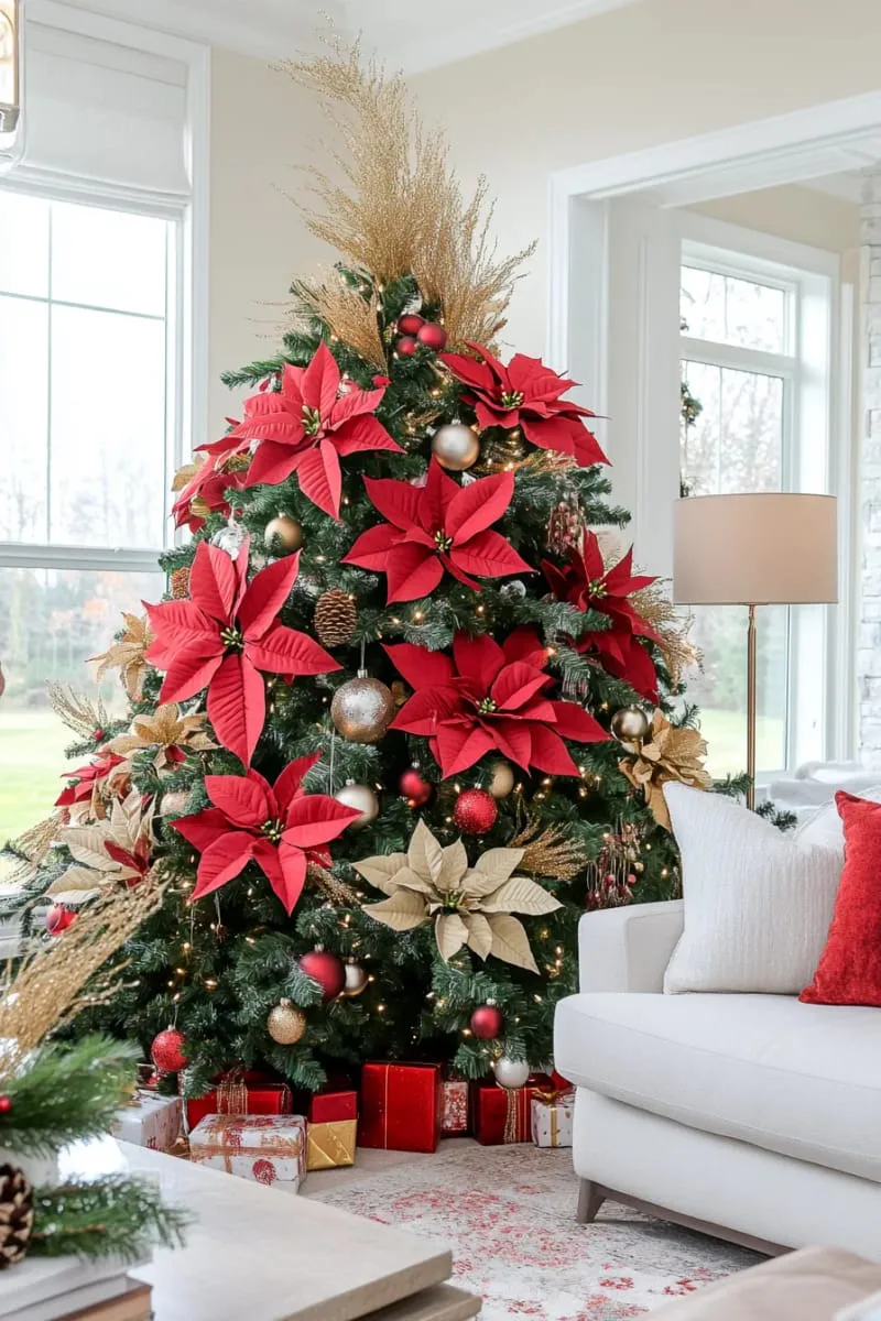 31 Dreamy Christmas Tree Decorations for a Unique Festive Touch 34 velvet poinsettias and gold leaf sprays for lush, traditional christmas tree decoration 1
