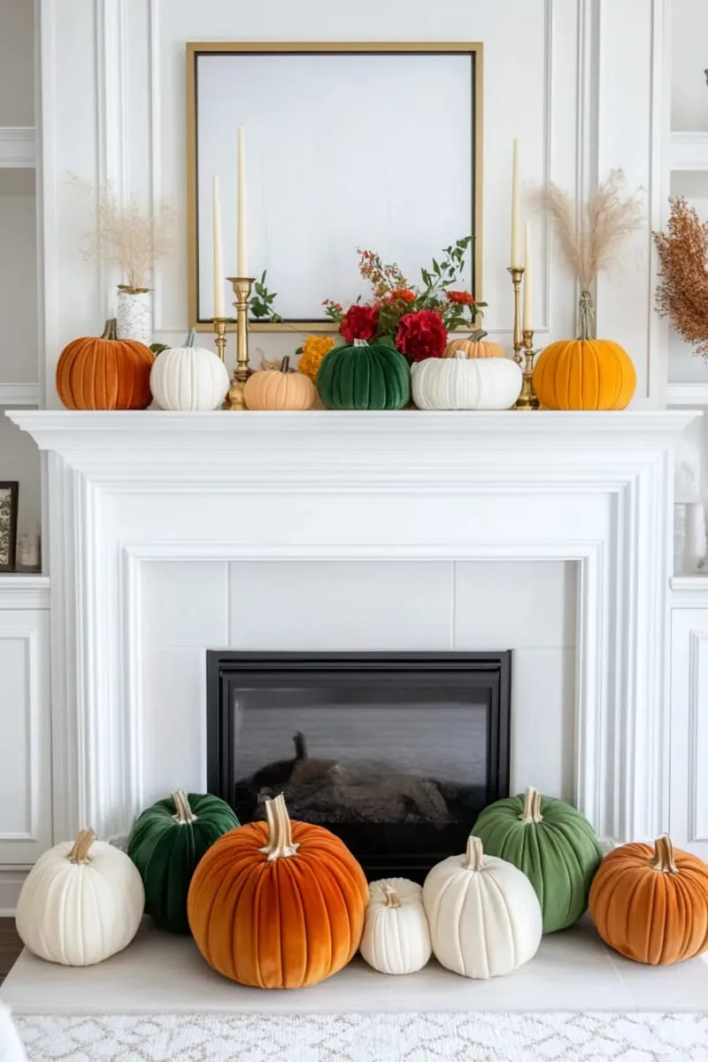 velvet pumpkin arrangement with antique brass candlesticks on the mantel 1