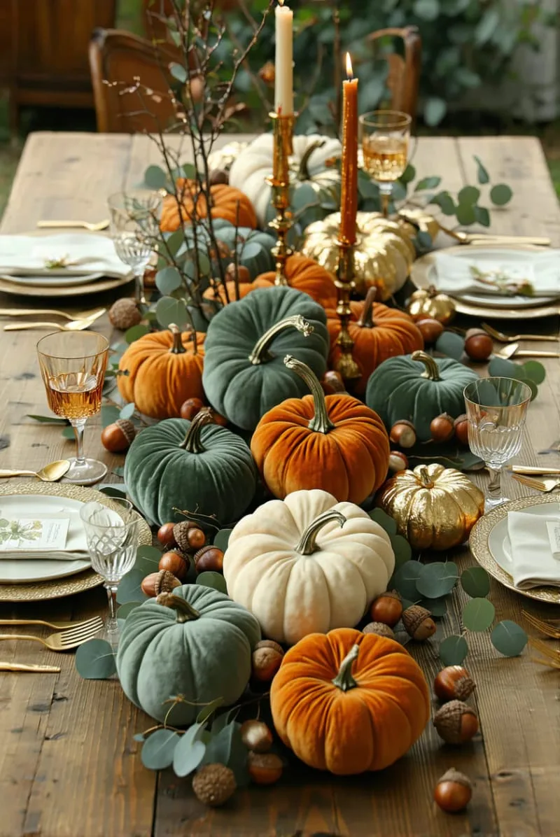 velvet pumpkin centerpiece with gold-dipped eucalyptus branches 1 velvet pumpkin centerpiece with gold-dipped eucalyptus branches 1
