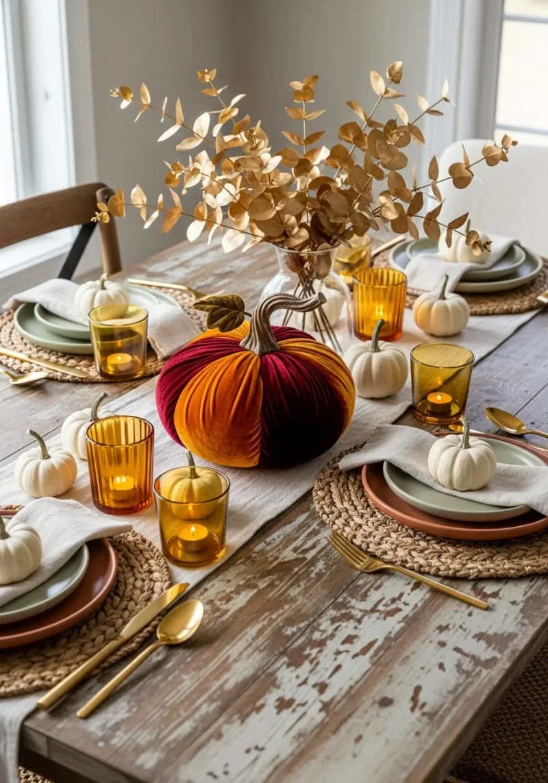 velvet pumpkin centerpiece with gold-dipped eucalyptus branches 1 velvet pumpkin centerpiece with gold-dipped eucalyptus branches 1