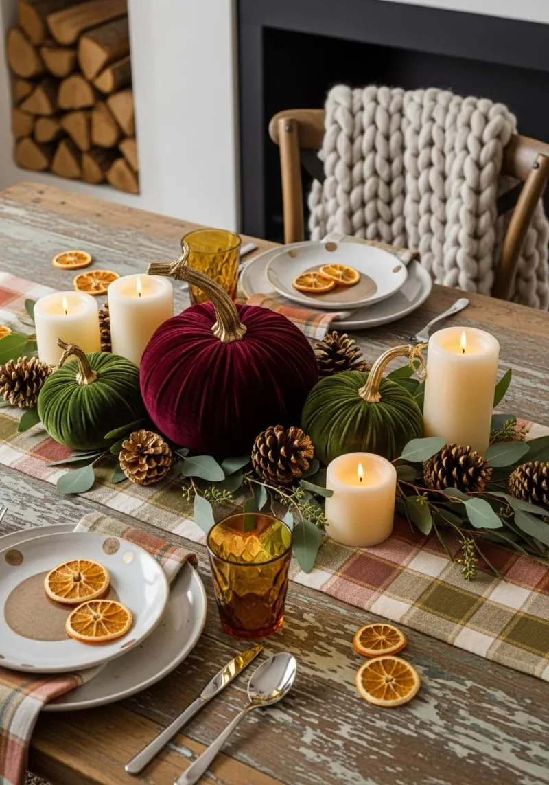 velvet pumpkin centerpiece with gold-dipped pinecones 1 velvet pumpkin centerpiece with gold-dipped pinecones 1