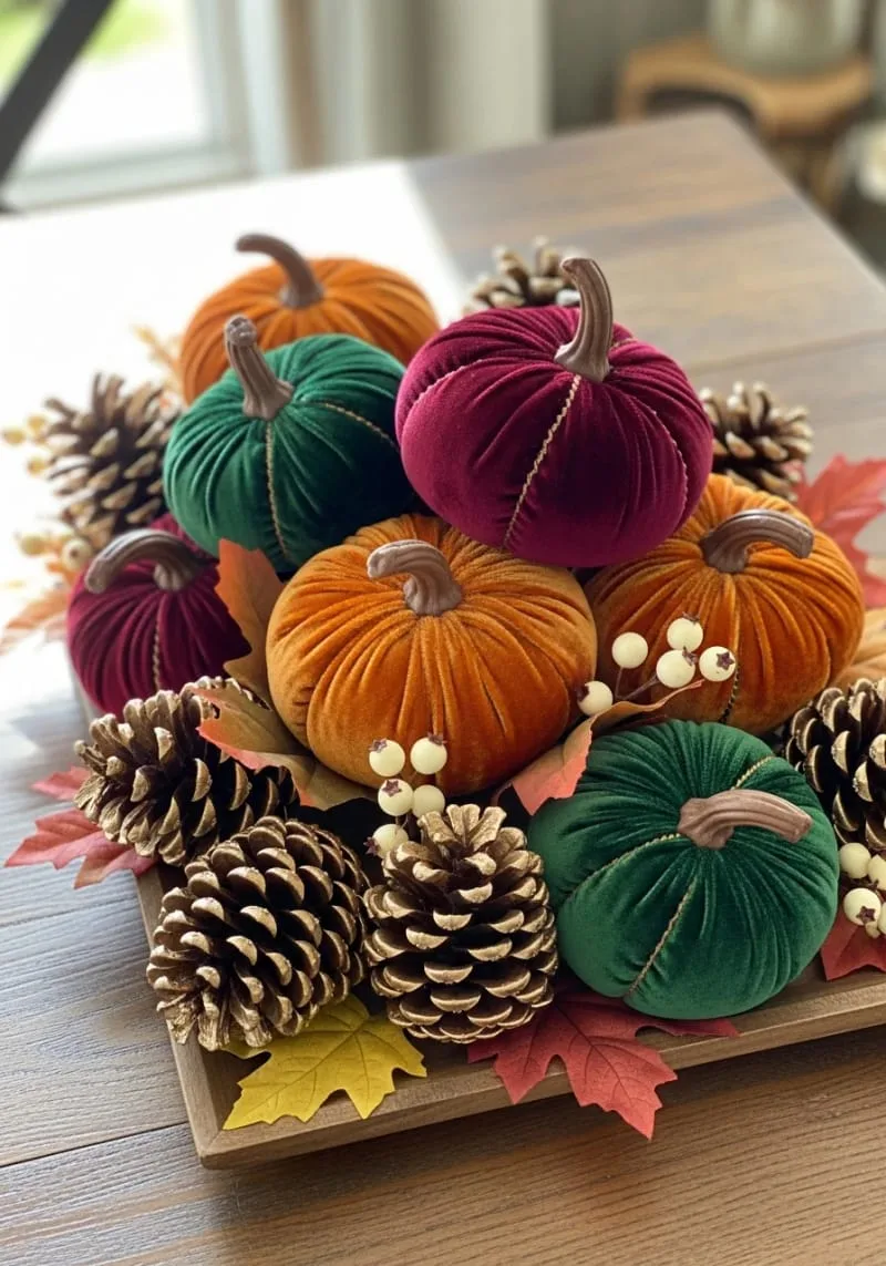velvet pumpkin centerpiece with gold-dipped pinecones 1 velvet pumpkin centerpiece with gold-dipped pinecones 1